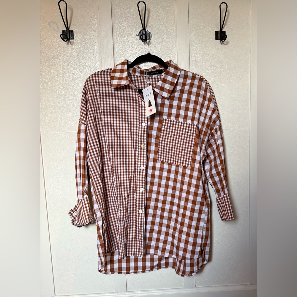 NWT Women’s Casual Plaid Patchwork Button Down Oversized Coffee Medium